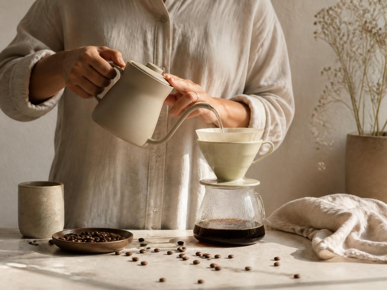 Preparo de café em coador cônico com água sendo vertida de uma chaleira, ao lado de grãos torrados
