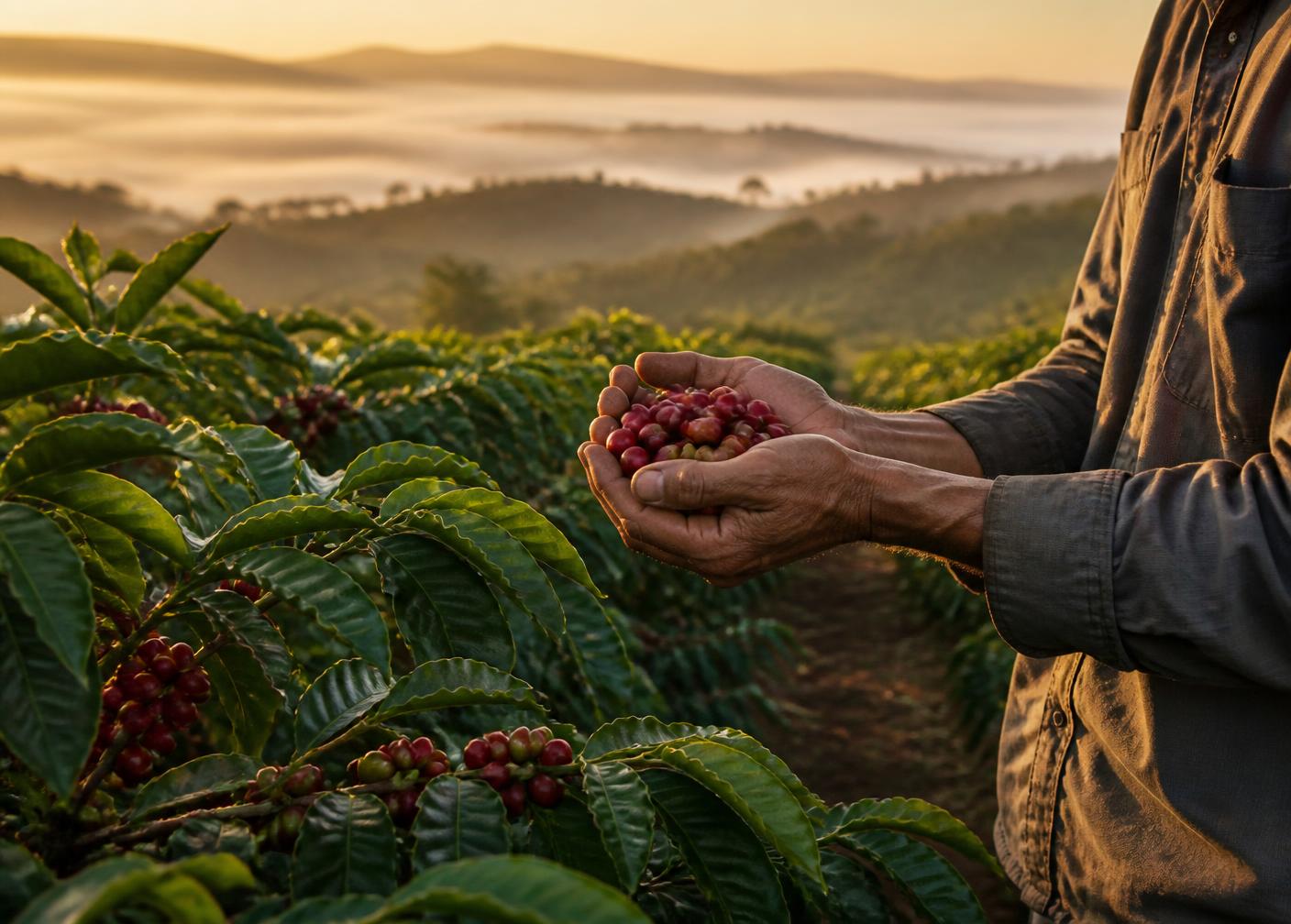 Produtor segurando cerejas maduras de café em uma lavoura ao amanhecer